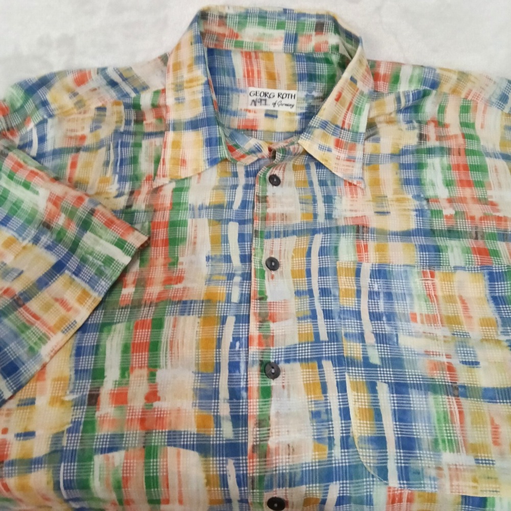 Georg Roth Germany Mens Large Short Sleeve Button Down Plaid Abstract Shirt